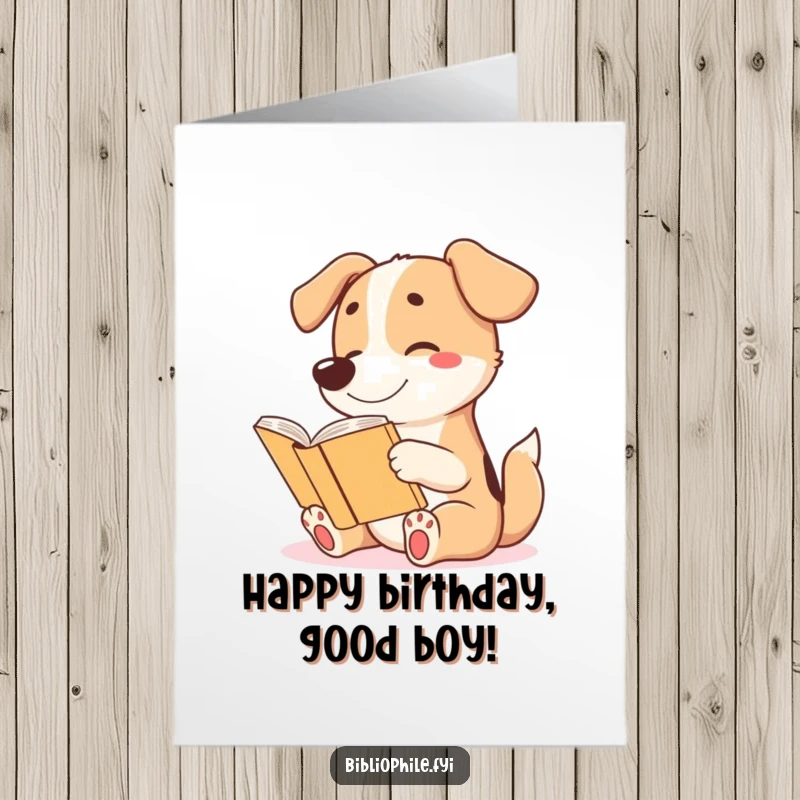 Funny Free Printable Birthday Card featuring a cute dog excitedly wagging its tail while engrossed in reading a story.