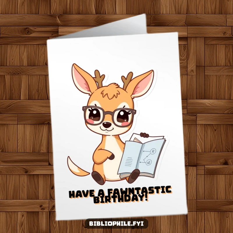 Funny Free Printable Birthday Card: A deer wearing spectacles points at a complex diagram in a book.