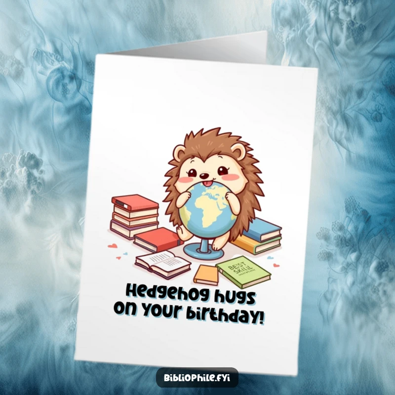 Funny Free Printable Birthday Card: Cheerful hedgehog rolling a globe, surrounded by books, wishing Happy Birthday.