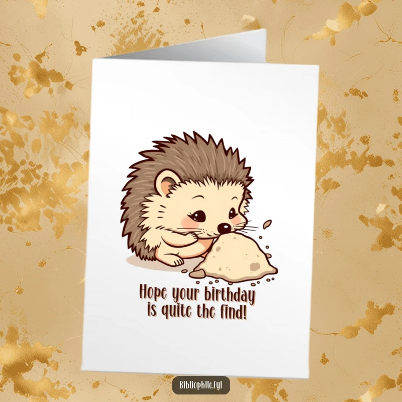 Funny Free Printable Birthday Card: A curious hedgehog sniffing a dusty tome, bringing studious charm to birthday wishes.