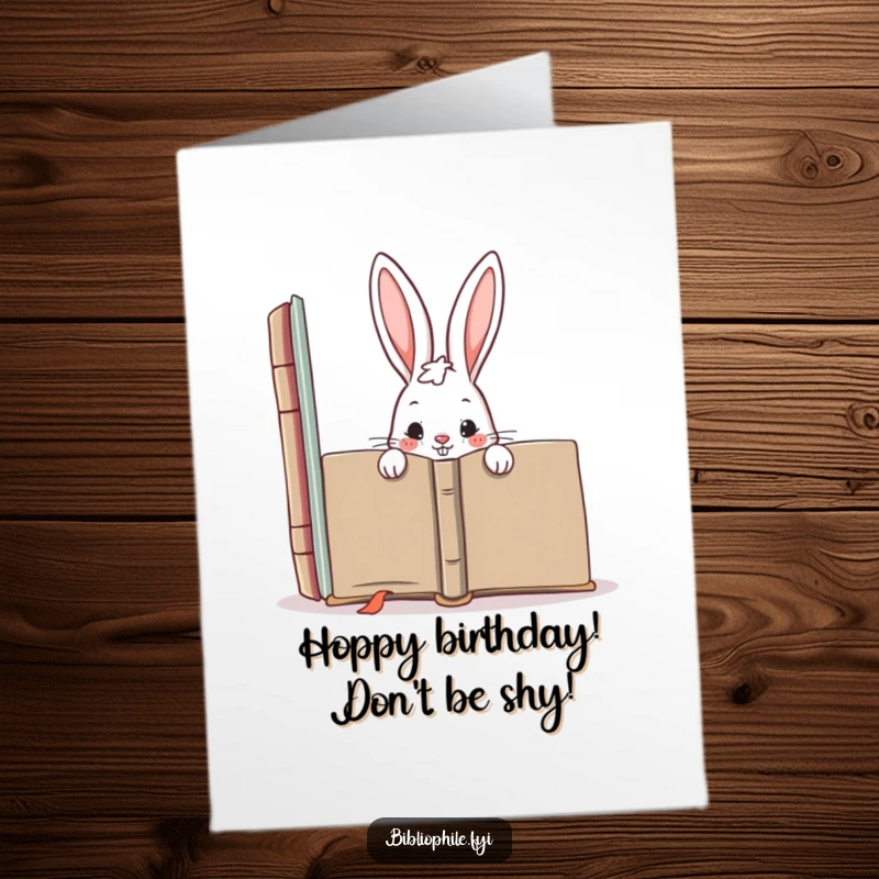 Funny Free Printable Birthday Card: A mischievous rabbit peeking from behind a giant book, adding a playful surprise to birthdays.