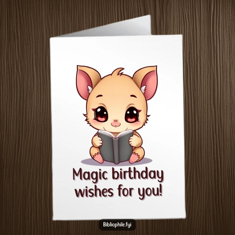 Funny Free Printable Birthday Card: A tiny creature with huge eyes is utterly captivated by a glowing, magical book.
