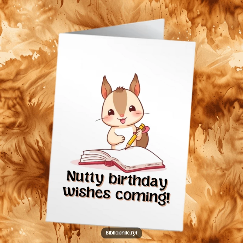 Funny Free Printable Birthday Card: A small squirrel excitedly marks a page with a tiny ribbon, a cute and busy greeting.