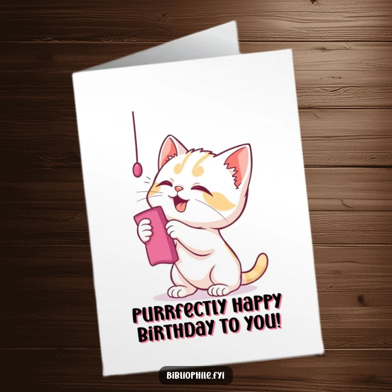 Funny Free Printable Birthday Card: A mischievous kitten playfully batting at a dangling bookmark with curious eyes.