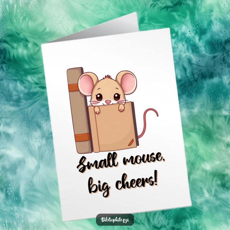 Funny free printable birthday card featuring a kawaii mouse character peeking from behind a large encyclopedia, offering studious birthday wishes.