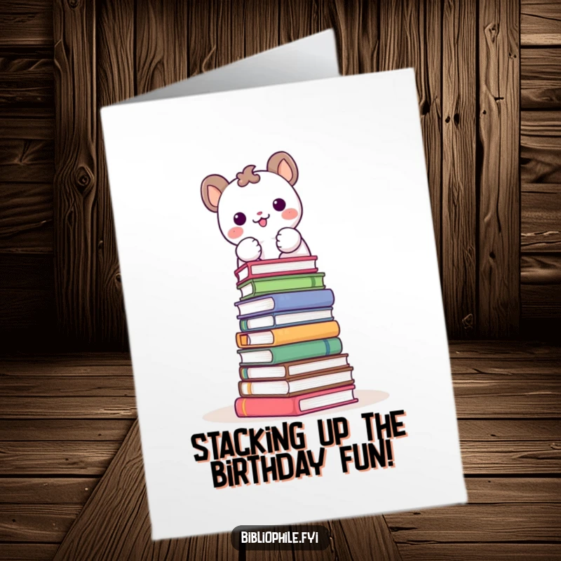 Funny Free Printable Birthday Card: Cute animal gleefully stacks books high, forming a wobbly tower, celebrating achievement.