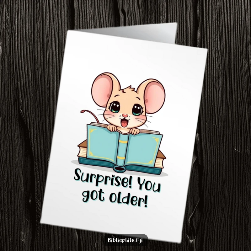 Funny Free Printable Birthday Card: A surprised mouse peeking out from an open book cover, ready to wish a happy birthday.