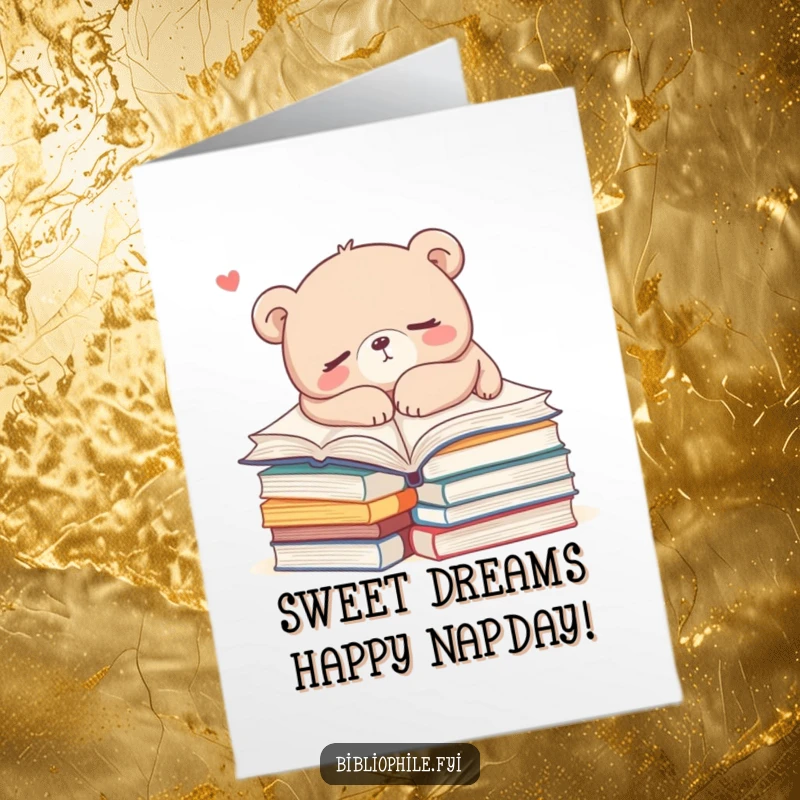 Funny Free Printable Birthday Card: Cute Bear Snuggled Asleep on Open Books, Cozy Birthday Wishes