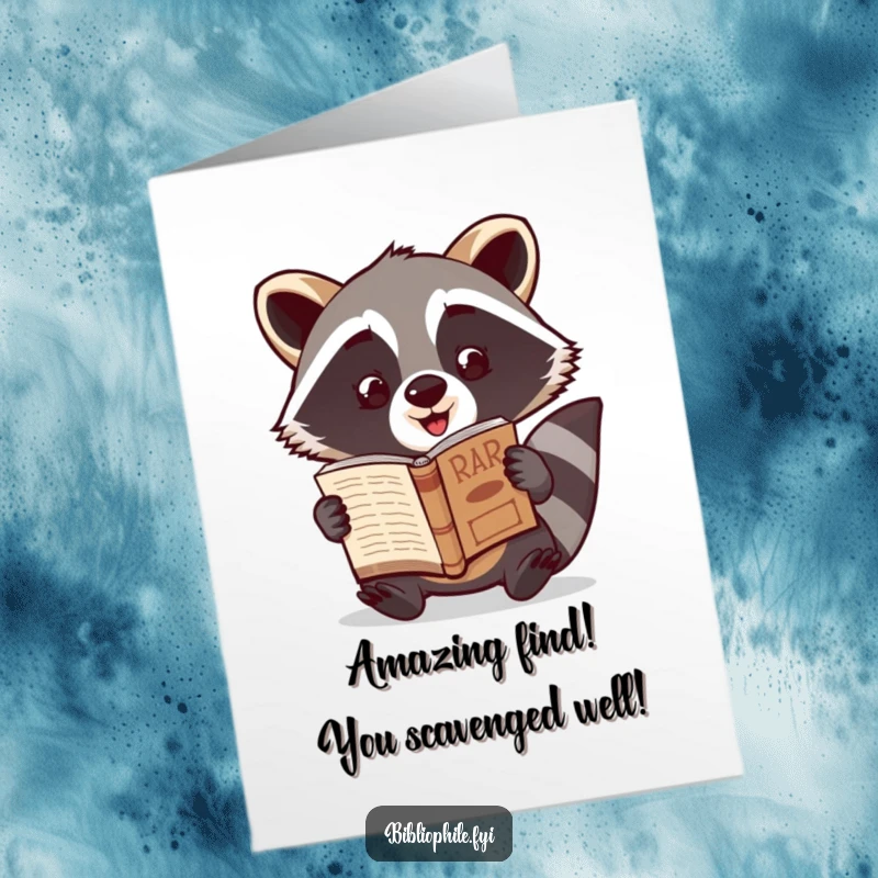 Free Printable Congratulations Card: An excited raccoon triumphantly displays a newly found rare book.