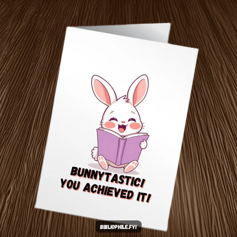 Funny Free Printable Congratulations Card: A rabbit turning a page with great excitement, celebrating wonderful news.