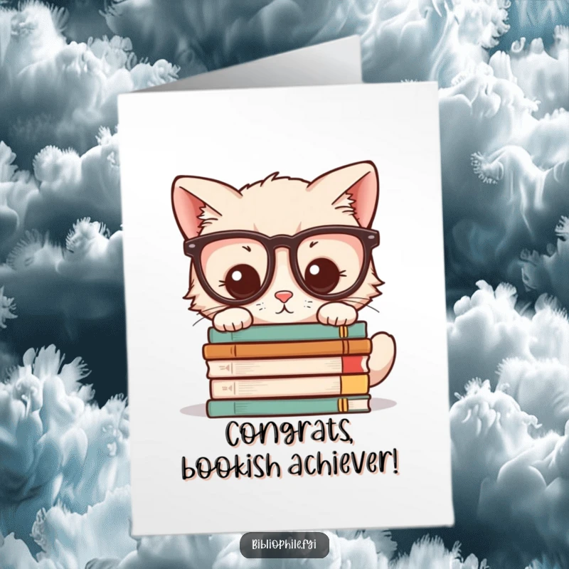 Funny Free Printable Congratulations Card: A cute kitten with glasses examines a stack of books, acknowledging academic success.