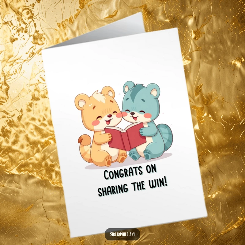 Funny Free Printable Congratulations Card: Two cute animals sharing a book, exuding friendship and shared success, a delightful scene.