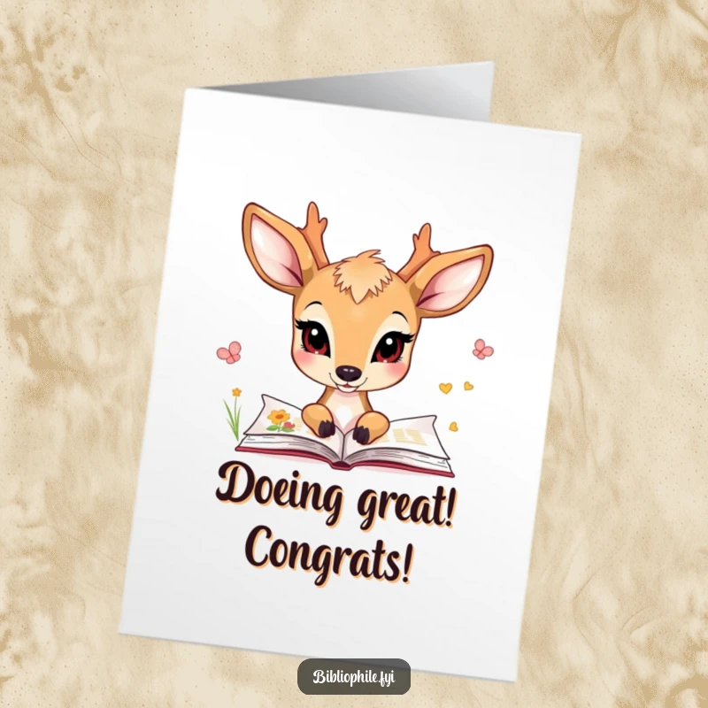 Free Printable Congratulations Card: A charming deer gazes intently at illustrated pages, symbolizing insight, a downloadable gift.