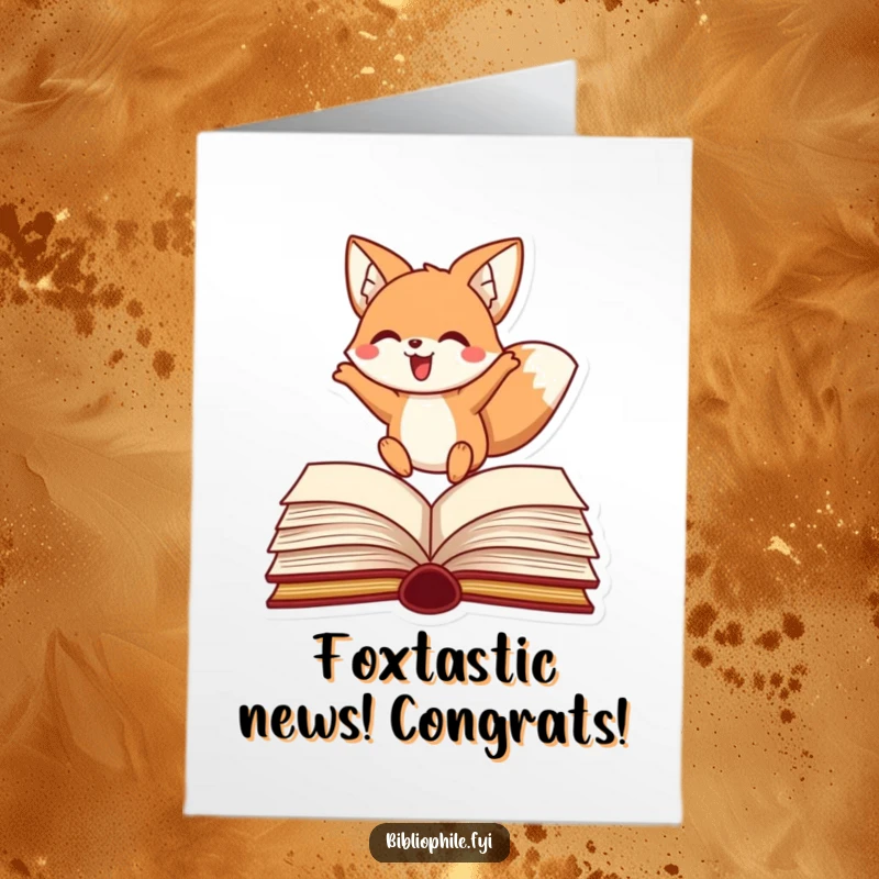 Funny Free Printable Congratulations Card: A swift fox leaping triumphantly over an open tome, celebrating success.