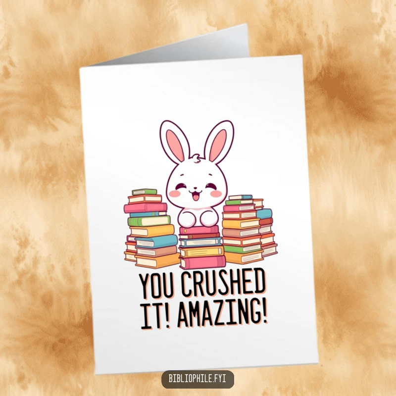 Funny Free Printable Congratulations Card featuring a kawaii bunny gleefully surrounded by books, offering a scholarly and downloadable celebratory message.
