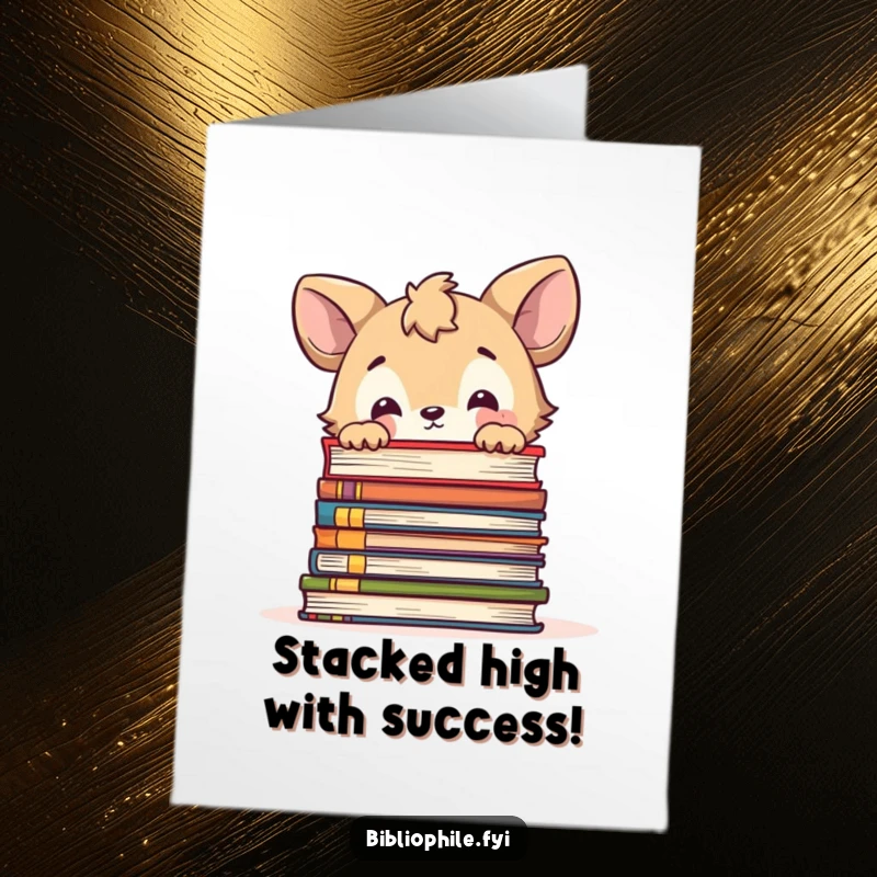 Funny Free Printable Congratulations Card: A cute animal peeks curiously over a massive stack of books, celebrating a new milestone.