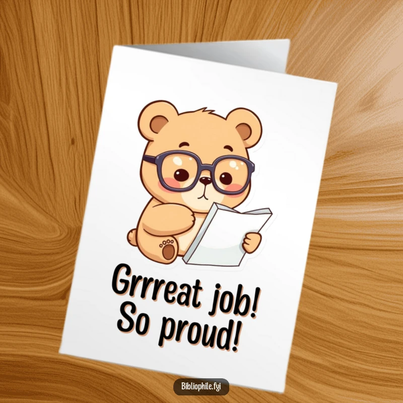 Funny Free Printable Congrats Card: A focused bear wearing reading glasses, pointing at a page to signal a win.