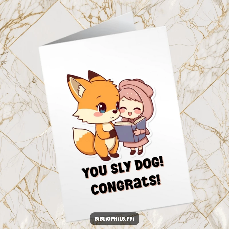 Funny free printable congratulations card: A sweet fox character shares a joke with a book character, radiating joy and friendship.