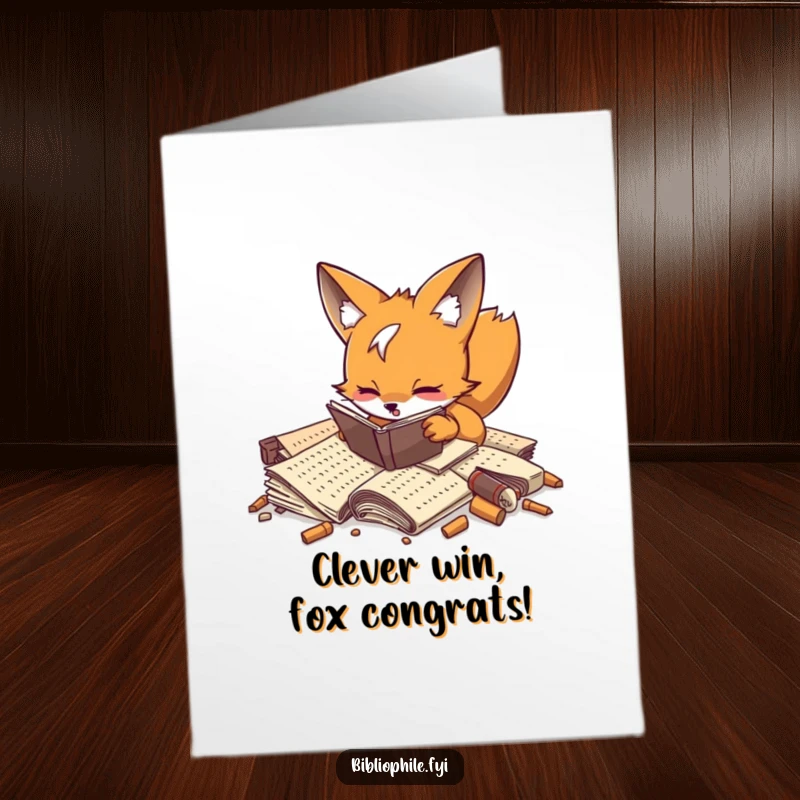 Funny Free Printable Congratulations Card: A playful fox enthusiastically digs through forgotten manuscripts, unearthing a treasure.