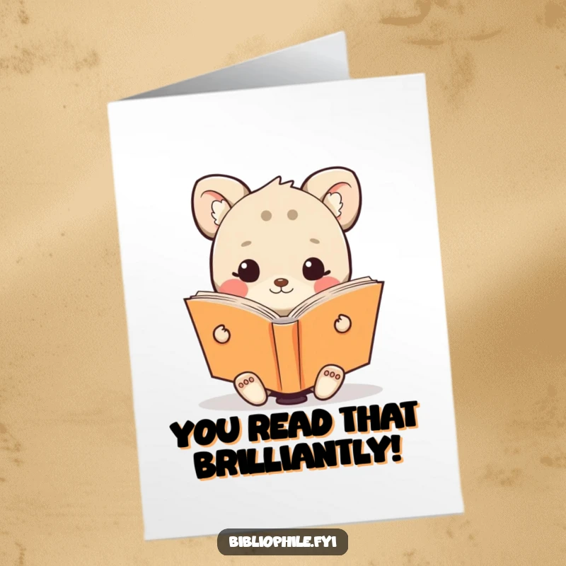 Funny Free Printable Congratulations Card: A cute animal happily absorbed in reading a massive open book, celebrating good news.