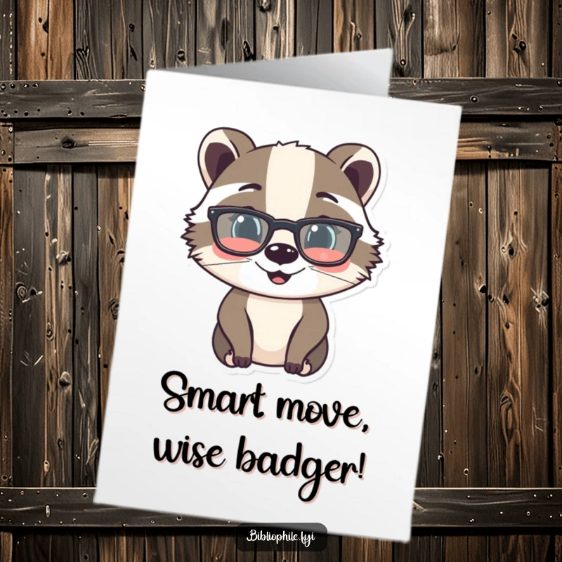 Funny Free Printable Congratulations Card: Cheerful badger with reading glasses, celebrating success with a book, a witty congratulatory message.