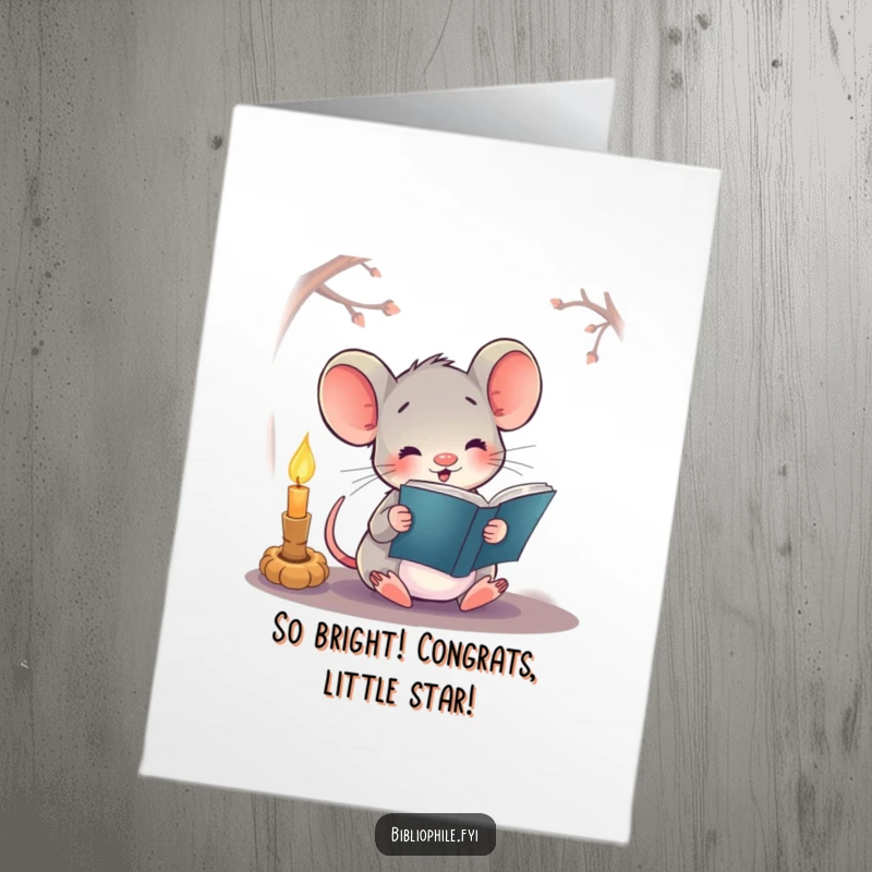 Free Printable Congratulations Card: A happy mouse reads by candlelight, symbolizing a bright idea and a downloadable gift.