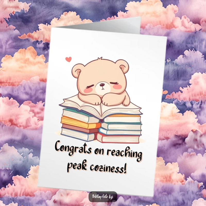 Funny Free Printable Congratulations Card: Content Bear Sleeping Peacefully on a Pile of Books, Celebrating Calm Success