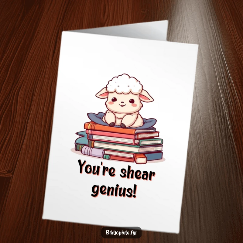 Funny Free Printable Congratulations Card: A delighted sheep rests in a pile of books, conveying warm congratulations and shared joy.
