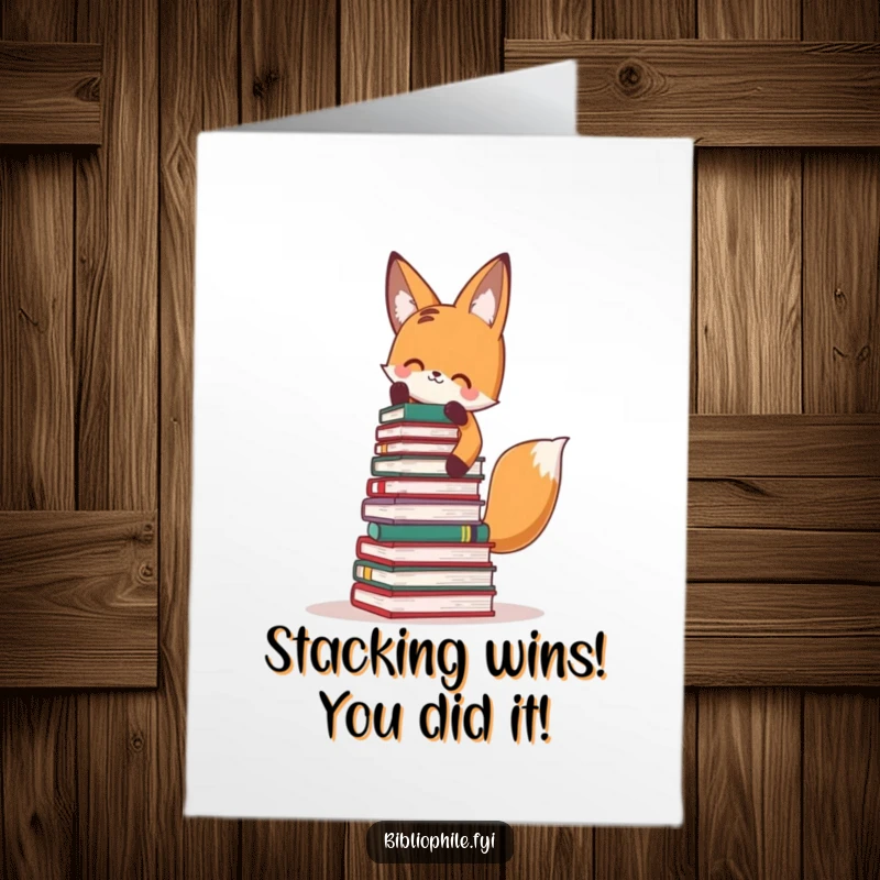 Funny Free Printable Congratulations Card: Energetic fox character triumphantly stacking a towering pile of books, celebrating success.