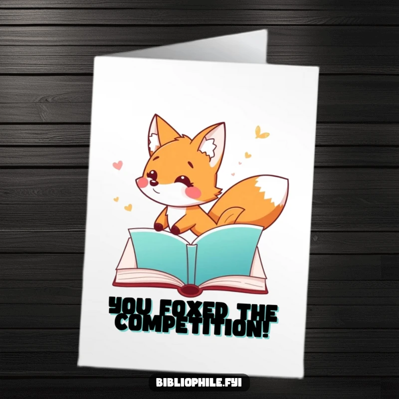 Funny Free Printable Congratulations Card: A clever fox playfully chasing a bookmark, celebrating a big win. Downloadable art.