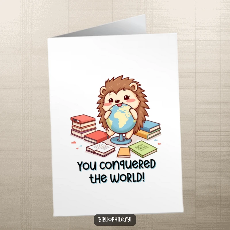 Funny Free Printable Congratulations Card: Hedgehog rolling a globe amidst books, celebrating success joyfully.
