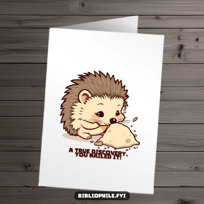 Funny Free Printable Congratulations Card: A curious hedgehog sniffing a dusty book, celebrating discovery and knowledge with quiet charm.