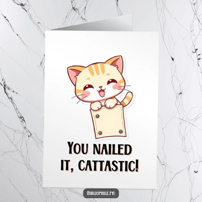 Hilarious free printable congratulations card with a cute kawaii cat character pouncing with excitement, perfect for celebrating achievements.