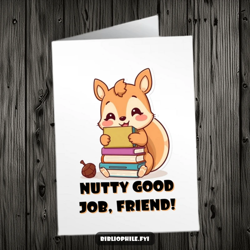 Amusing free printable congratulations card with a kawaii squirrel hoarding books, perfect for celebrating academic or reading achievements.
