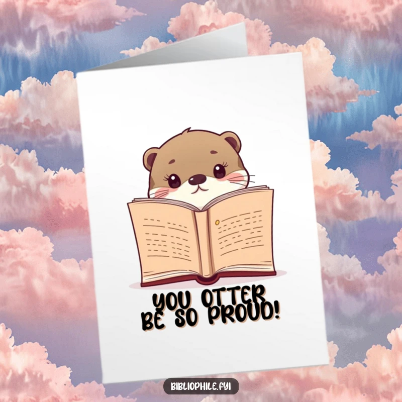Funny Free Printable Congratulations Card: Otter peeking from a novel, celebrating a special achievement.