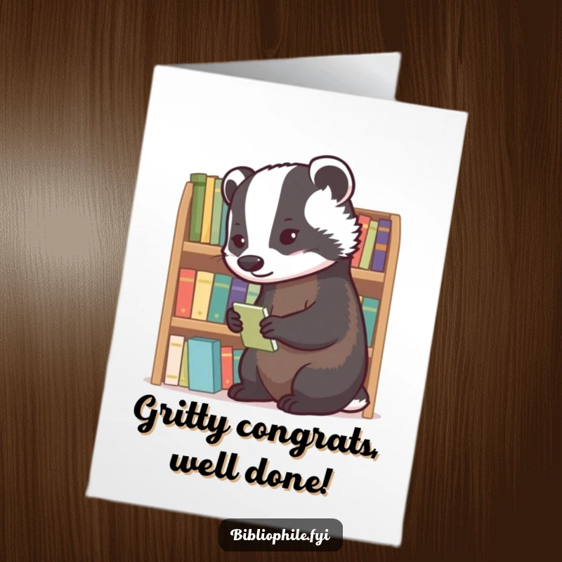Funny Free Printable Congratulations Card: Diligent badger carefully organizes a shelf of tiny novels, celebrating order.