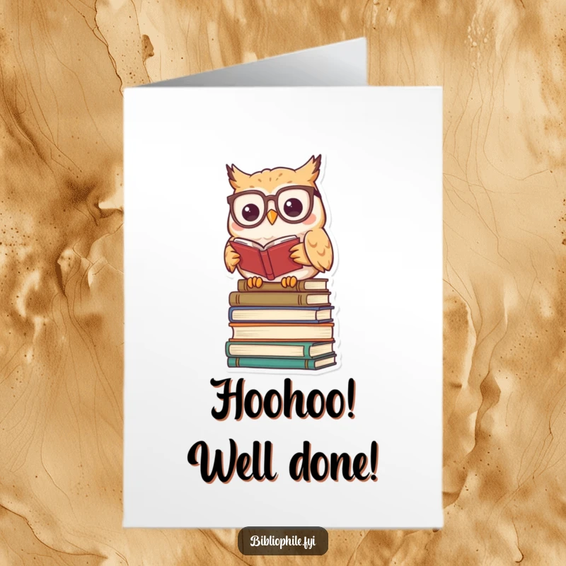 Funny Free Printable Congratulations Card featuring a kawaii owl wearing reading glasses on a book stack, offering a wise and downloadable message.