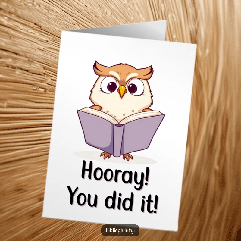 Funny Free Printable Congratulations Card showcasing a cute owl happily turning pages of a book, celebrating an achievement.