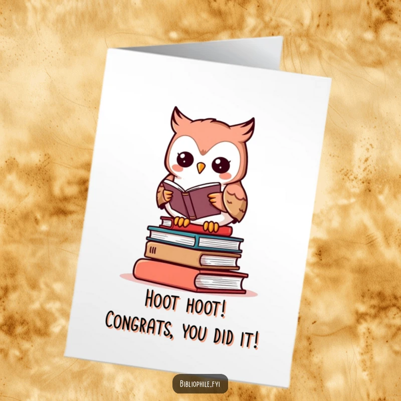 Funny Free Printable Congratulations Card: An owl engrossed in books, celebrating a momentous achievement with laughter.