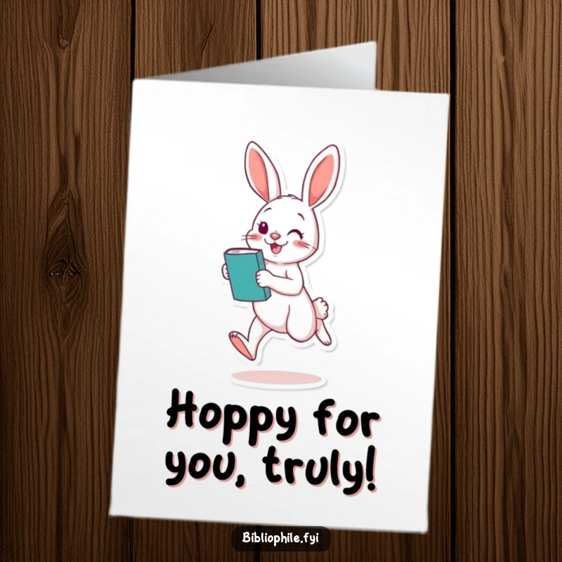Funny Free Printable Congrats Card: A playful rabbit hopping excitedly with a book, celebrating success.