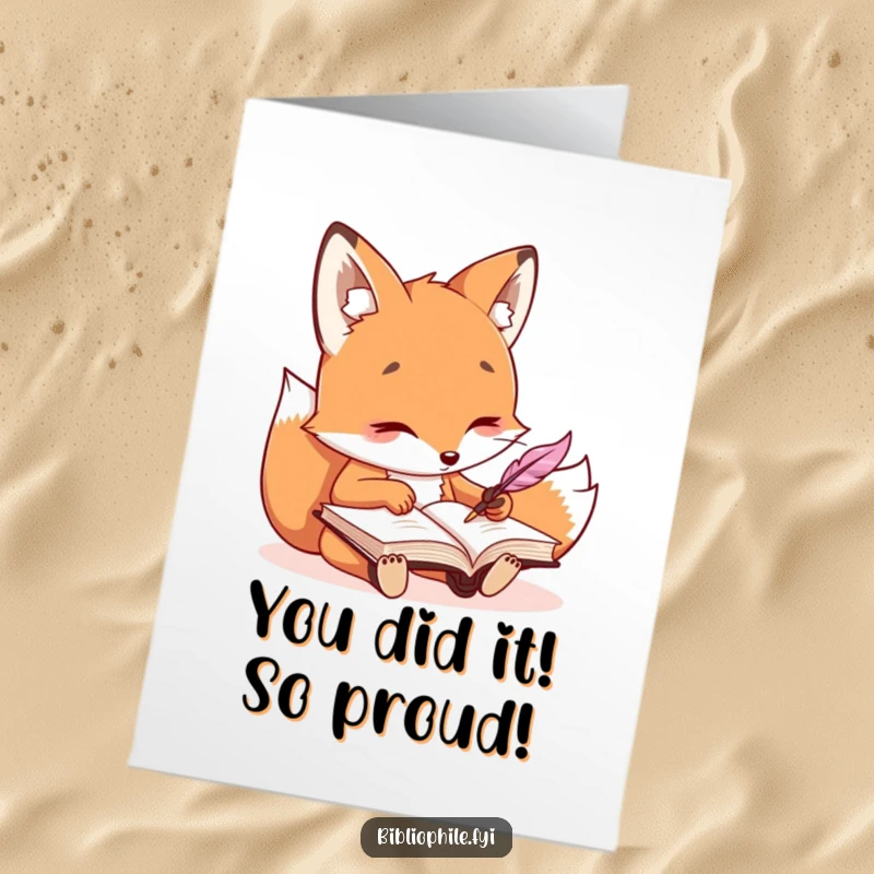 Funny Free Printable Congratulations Card showing a focused kawaii fox writer with a quill, celebrating achievements with a unique downloadable message.