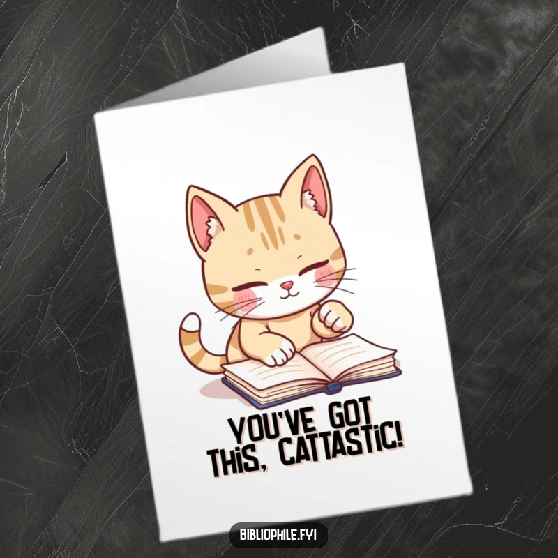 Funny Free Printable Congratulations Card with a cute cat marking a book page with a paw, celebrating success.