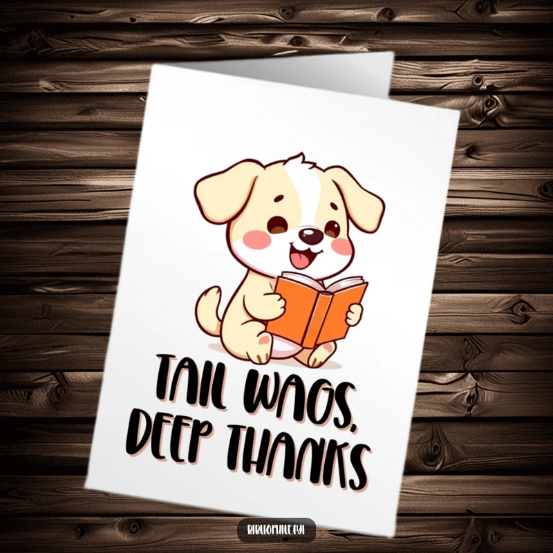 Heartwarming free printable thank you card featuring a happy kawaii dog wagging its tail while holding a storybook, conveying thanks.