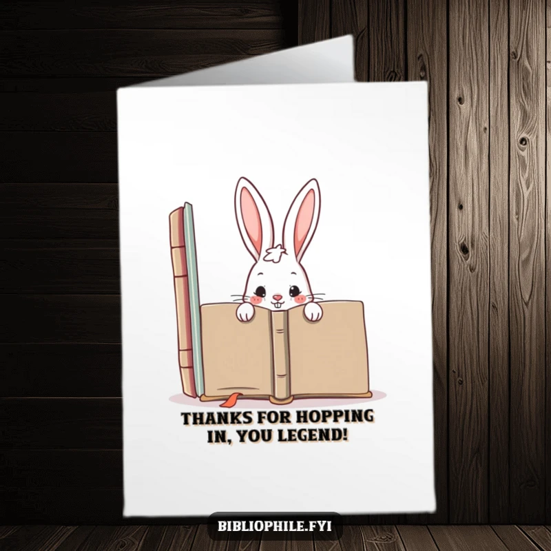Funny Free Printable Thank You Card: A mischievous rabbit peeking from behind an enormous book, hiding thanks with a playful grin.