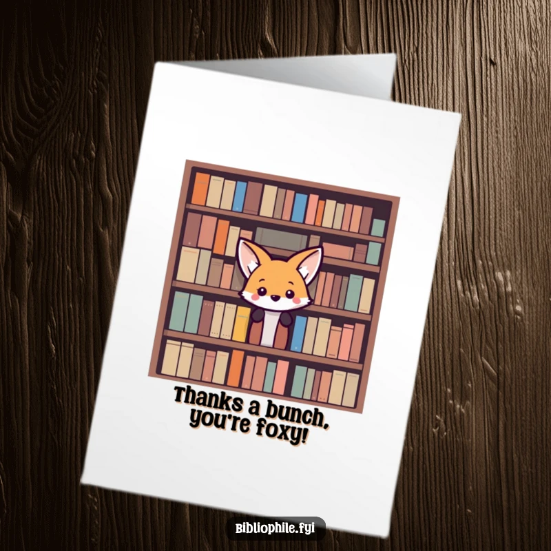 Funny Free Printable Thank You Card: A curious fox peeking from behind a bookshelf, giving thanks sincerely.