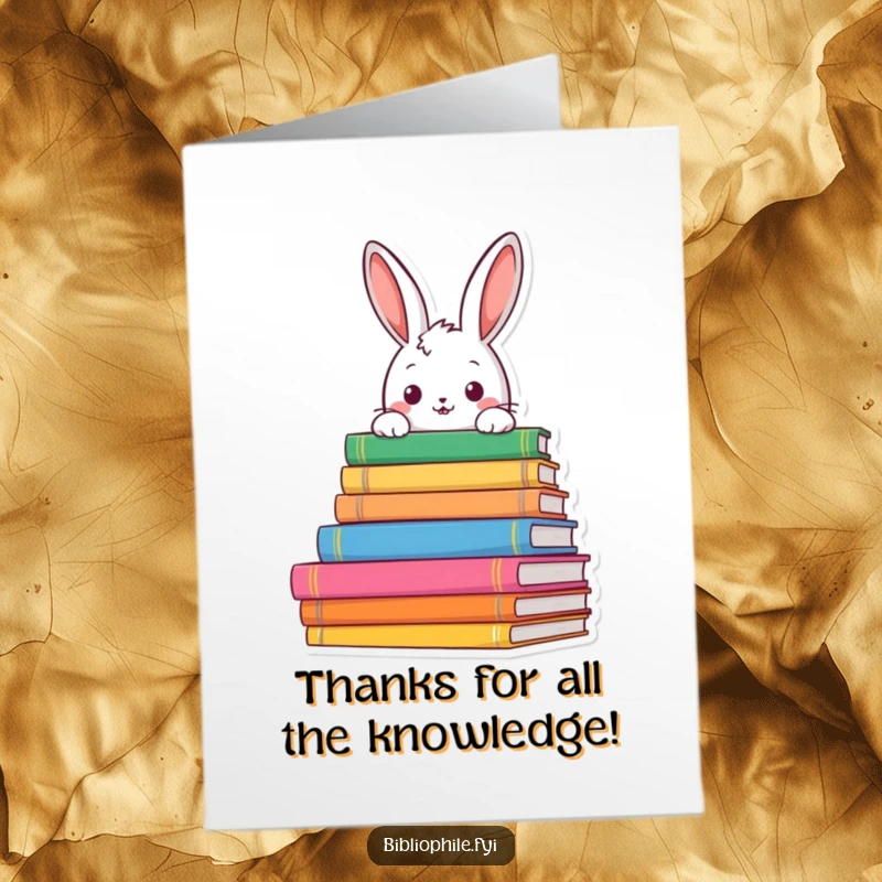 Funny Free Printable Thank You Card: Curious Rabbit With Wide Eyes Peeking Over Books, Expressing Thanks