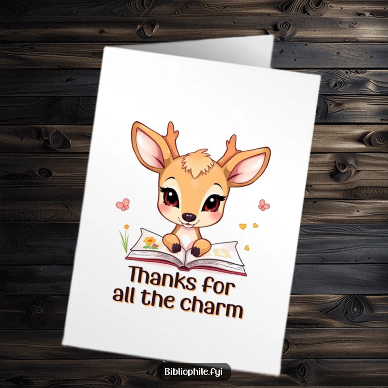 Free Printable Thank You Card: A charming deer looking at illustrated pages, showing gentle appreciation, a sweet DIY gift.