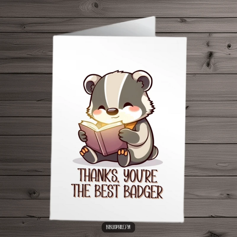Funny Free Printable Thank You Card: A cheerful badger reads a book that emits a soft glow, sending warm thanks.