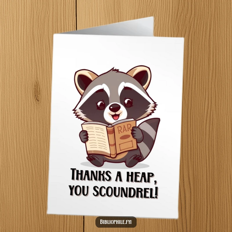 Free Printable Thank You Card: A cute raccoon excitedly presenting a newly discovered rare book.