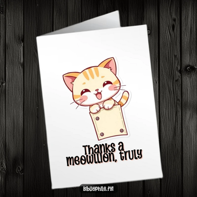 Charming free printable thank you card featuring a playful kawaii cat character pouncing, conveying gratitude with downloadable delight and humor.